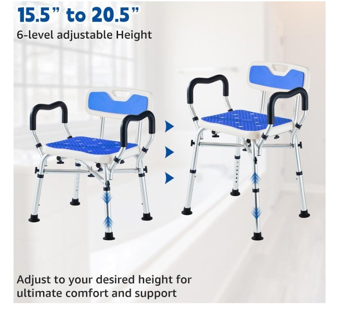 Shower Chair Elderly Shower Bath Stools Back&Arms Non Slip Adjustable Blue-248