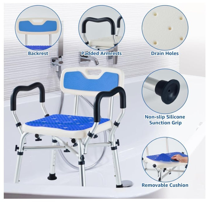 Shower Chair Elderly Shower Bath Stools Back&Arms Non Slip Adjustable Blue-248