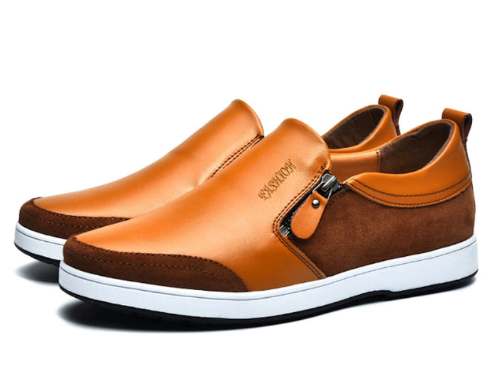 Side Zippered Men's Slip-On: tan/orange-brown, dark brown slip-on casual shoes, casual minimal style
