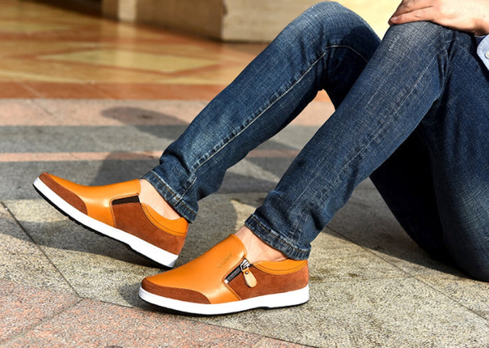 Side Zippered Men's Slip-On: tan/orange-brown, dark brown slip-on casual shoes, casual minimal style