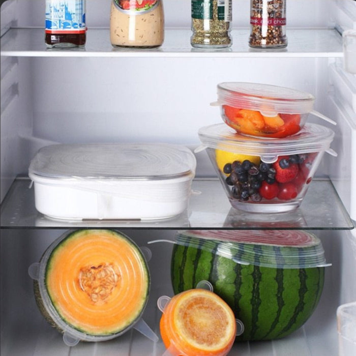 Silicone Cover Set for Food Storage (6 Pieces): clear, white refrigerator food storage containers, minimal practical kitchen