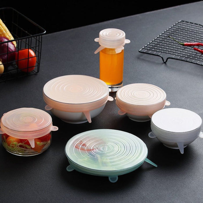 Silicone Cover Set for Food Storage (6 Pieces): clear, white refrigerator food storage containers, minimal practical kitchen