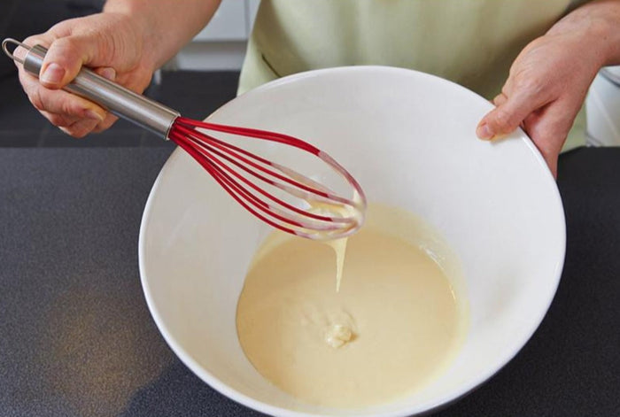 Silicone Egg Beater Set, 4 Piece Set with Non-Stick Feature: red, silver whisk, minimal style