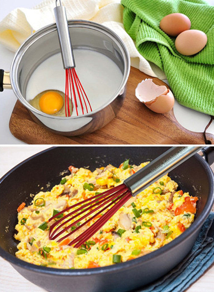 Silicone Egg Beater Set, 4 Piece Set with Non-Stick Feature: red, silver whisk, minimal style