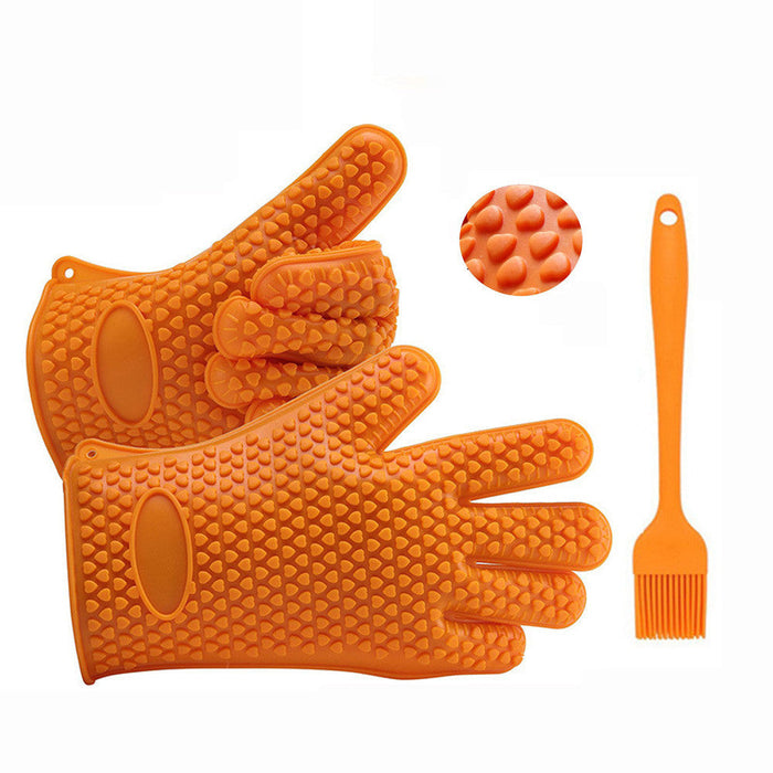 Silicone Grill Gloves and Brush Set for Cooking: orange textured glove set with basting brush, functional kitchen accessory s