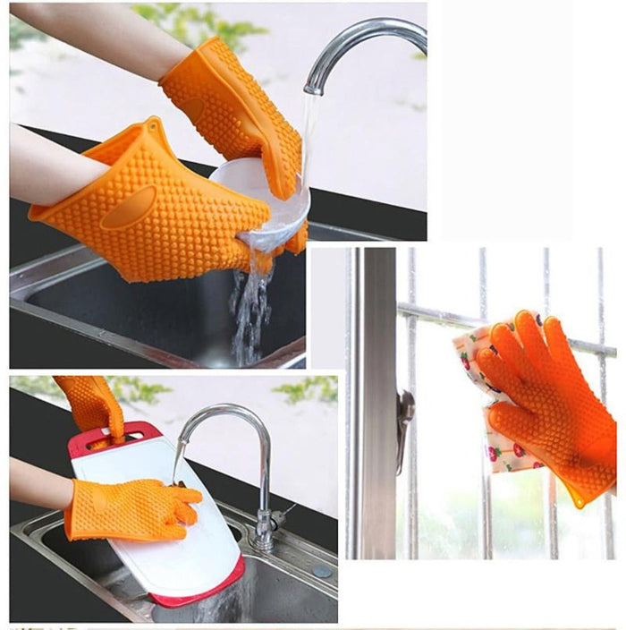 Silicone Grill Gloves and Brush Set for Cooking: orange textured glove set with basting brush, functional kitchen accessory s