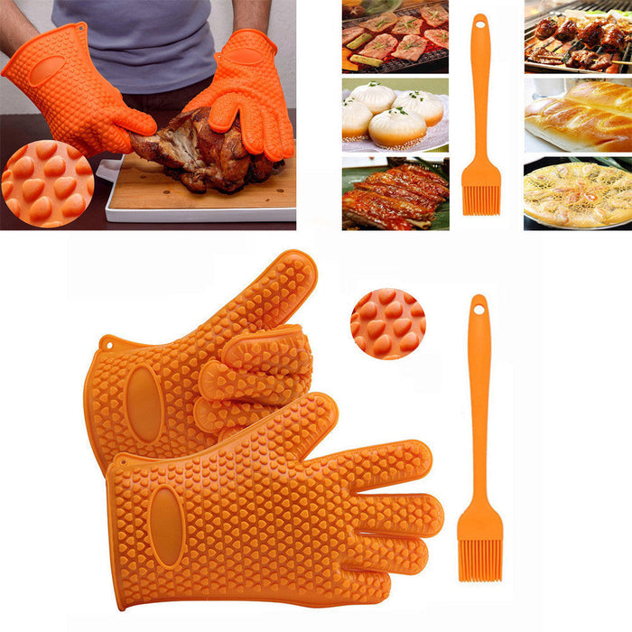 Silicone Grill Gloves and Brush Set for Cooking: orange textured glove set with basting brush, functional kitchen accessory s