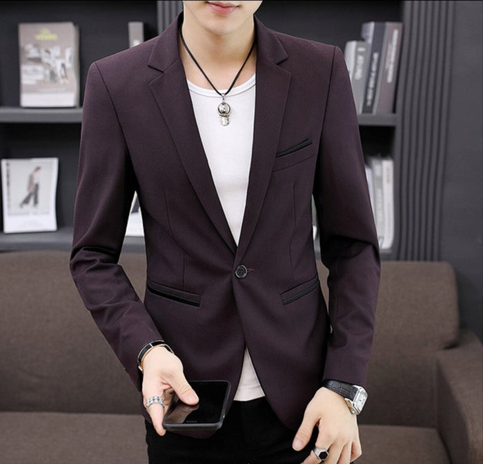 Single-Button Mens Smart Casual Jacket: dark burgundy-purple, black blazer jacket, minimal tailored style