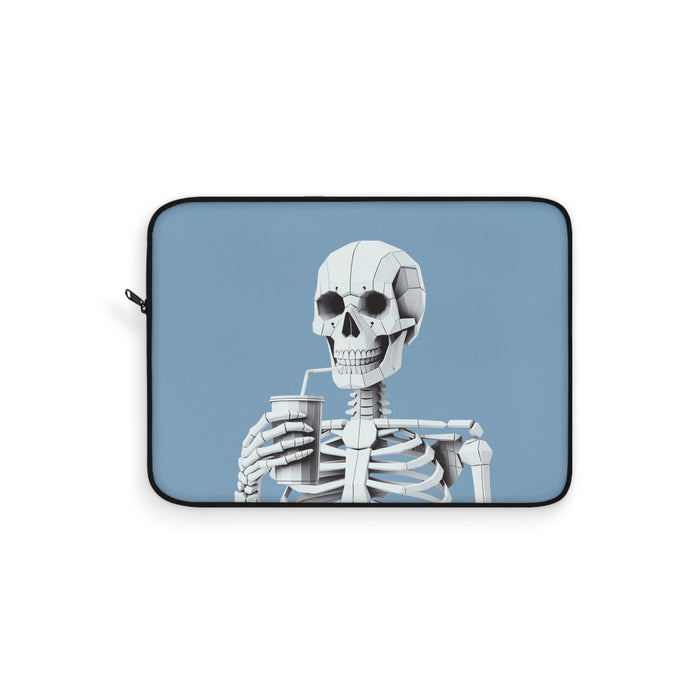 Skeletal Sipster Laptop Cover: blue, white skeleton drinking through a straw, cartoon illustration style