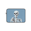 Skeletal Sipster Laptop Cover: blue, white skeleton drinking through a straw, cartoon illustration style