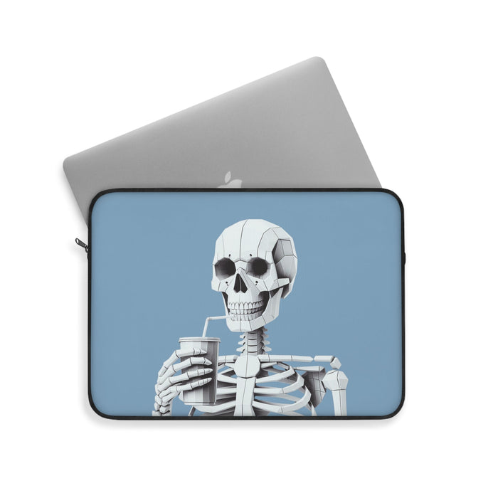 Skeletal Sipster Laptop Cover: blue, white skeleton drinking through a straw, cartoon illustration style