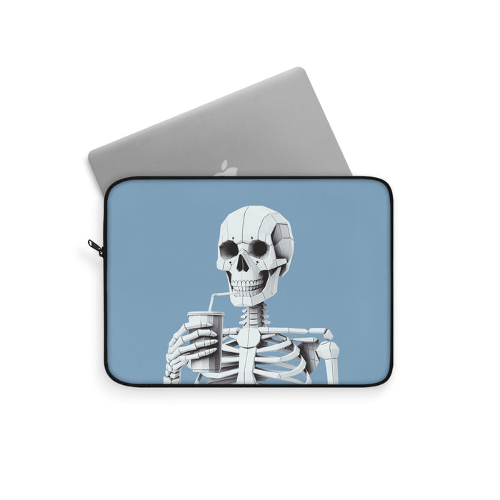 Skeletal Sipster Laptop Cover: blue, white skeleton drinking through a straw, cartoon illustration style