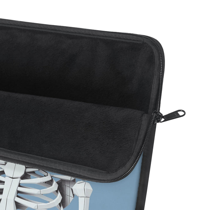 Skeletal Sipster Laptop Cover: blue, white skeleton drinking through a straw, cartoon illustration style