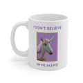 Skeptic Mug: Humans Are Not Real: white, purple unicorn, cartoon novelty style