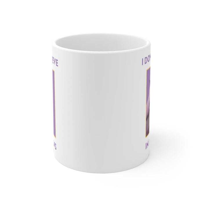Skeptic Mug: Humans Are Not Real: white, purple unicorn, cartoon novelty style