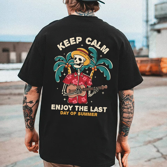 Skull Beach Themed Assorted Men's T-Shirt Collection: black, cream skeleton musician tropical summer theme, cartoon vintage t