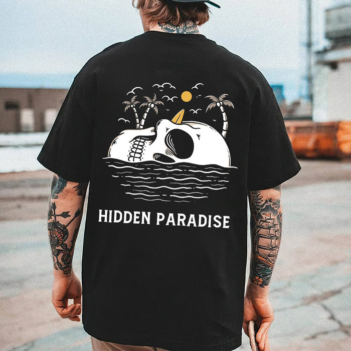 Skull Beach Themed Assorted Men's T-Shirt Collection: black, cream skeleton musician tropical summer theme, cartoon vintage t