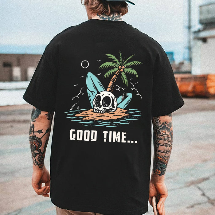 Skull Beach Themed Assorted Men's T-Shirt Collection: black, cream skeleton musician tropical summer theme, cartoon vintage t