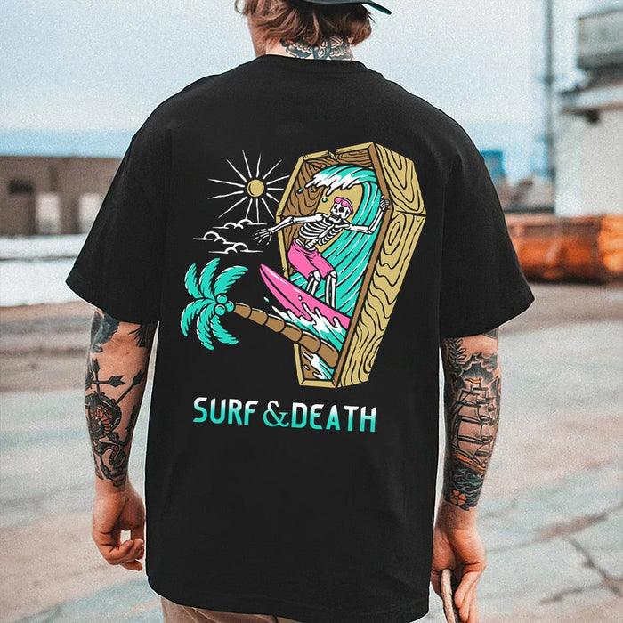 Skull Beach Themed Assorted Men's T-Shirt Collection: black, cream skeleton musician tropical summer theme, cartoon vintage t