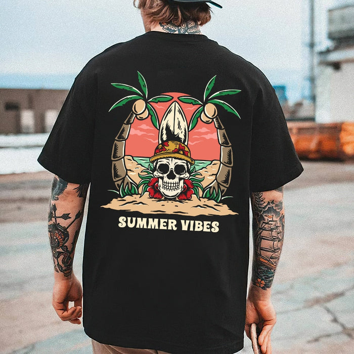 Skull Beach Themed Assorted Men's T-Shirt Collection: black, cream skeleton musician tropical summer theme, cartoon vintage t