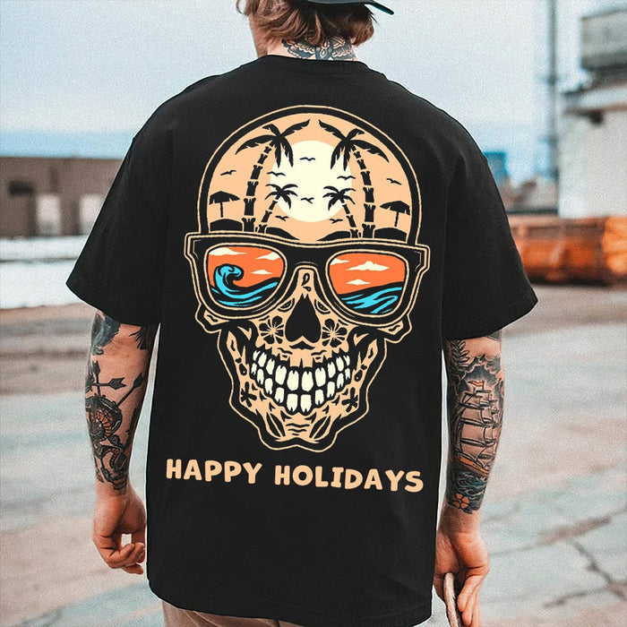 Skull Beach Themed Assorted Men's T-Shirt Collection: black, cream skeleton musician tropical summer theme, cartoon vintage t