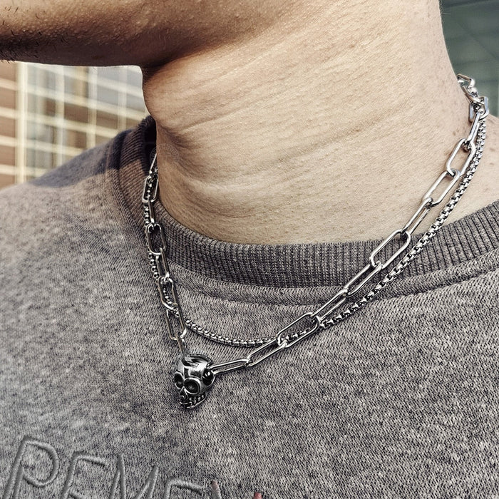 Skull Layered Choker Chain Necklace for a Distinctive, Multilayered Look: silver, black skull, edgy gothic style
