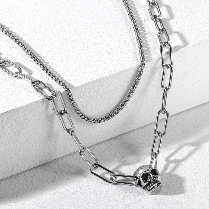 Skull Layered Choker Chain Necklace for a Distinctive, Multilayered Look: silver, black skull, edgy gothic style