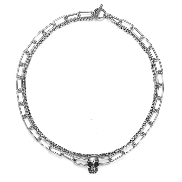 Skull Layered Choker Chain Necklace for a Distinctive, Multilayered Look: silver, black skull, edgy gothic style