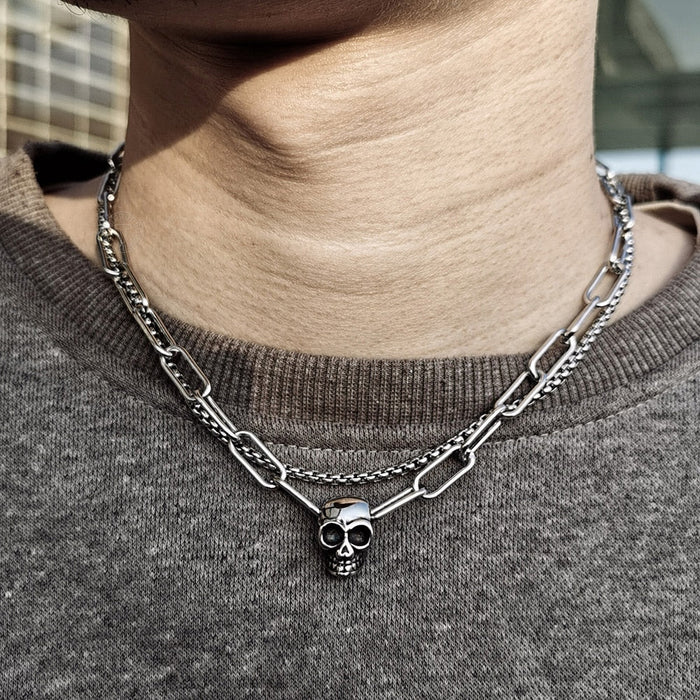 Skull Layered Choker Chain Necklace for a Distinctive, Multilayered Look: silver, black skull, edgy gothic style