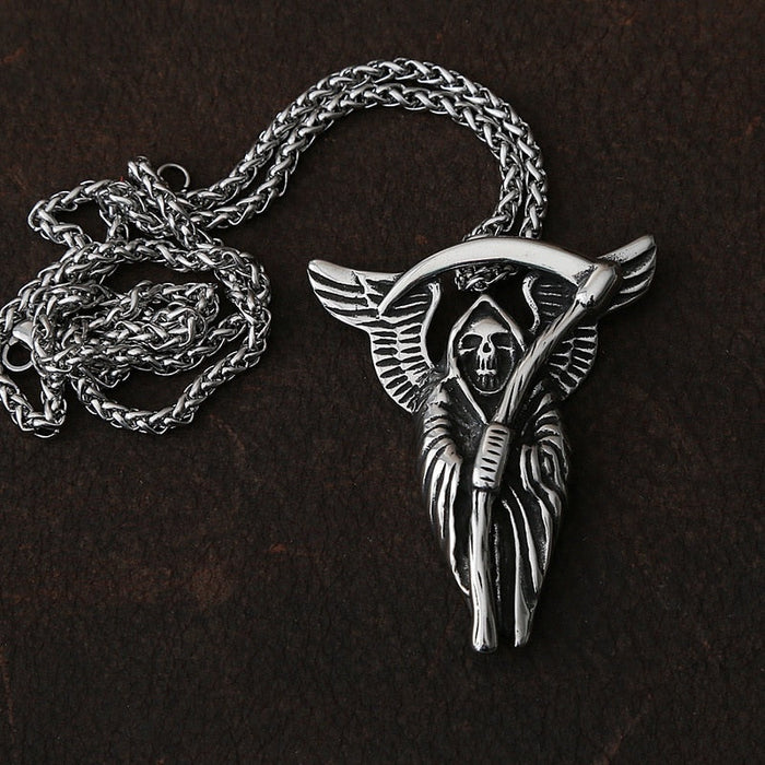 Skull Necklace of Mortal Reaper: silver, black Grim Reaper with wings, gothic style