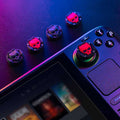 Skull Steam Deck Joystick Caps: black, dark blue handheld gaming console with decorative thumbstick caps, gaming, neon cyberp
