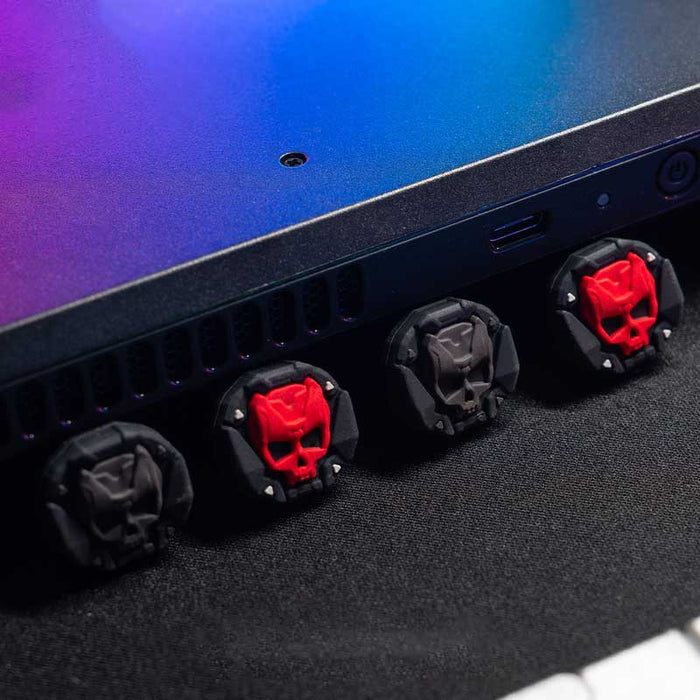Skull Steam Deck Joystick Caps: black, dark blue handheld gaming console with decorative thumbstick caps, gaming, neon cyberp
