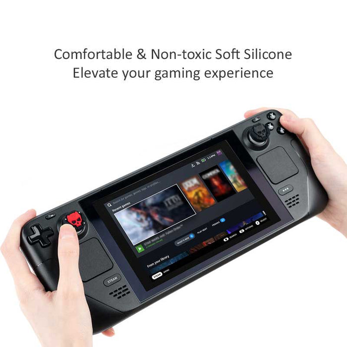 Skull Steam Deck Joystick Caps: black, dark blue handheld gaming console with decorative thumbstick caps, gaming, neon cyberp