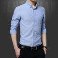 Sky Blue Men's Button-Up Shirt with Long Sleeves: light blue button-up shirt, minimal style