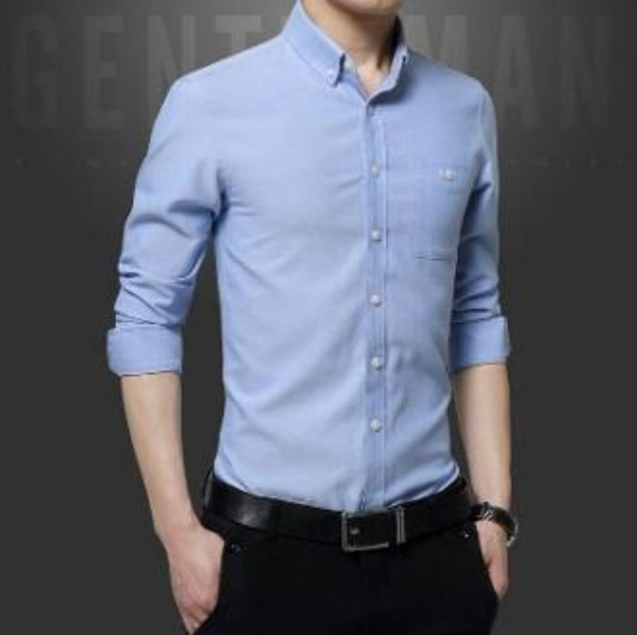 Sky Blue Men's Button-Up Shirt with Long Sleeves: light blue button-up shirt, minimal style