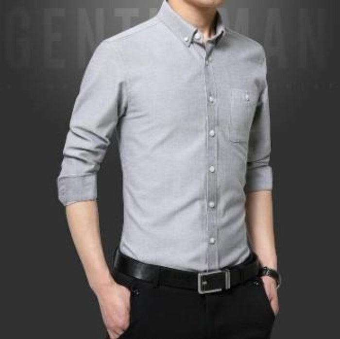 Sky Blue Men's Button-Up Shirt with Long Sleeves: light blue button-up shirt, minimal style