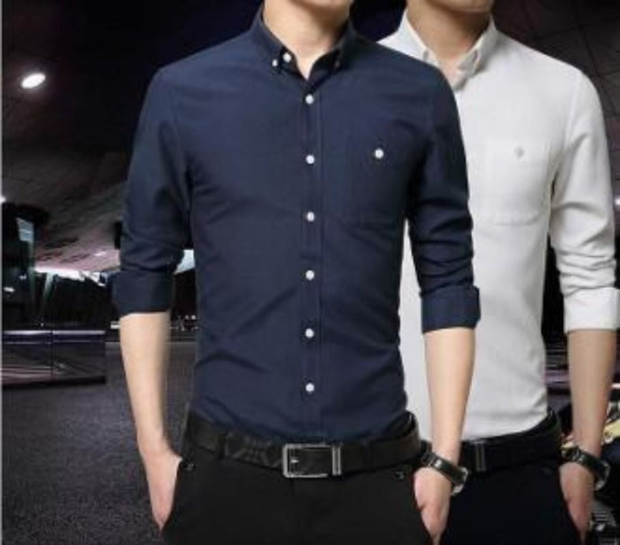 Sky Blue Men's Button-Up Shirt with Long Sleeves: light blue button-up shirt, minimal style