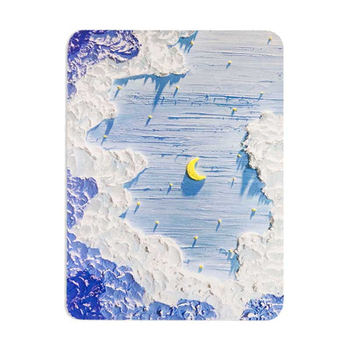 Sky Mouse Pad with 3D Design: light blue, white crescent moon and clouds, textured whimsical celestial art style