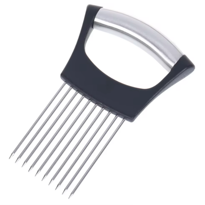 Slicing Tool for Onions, Durable Stainless Steel: black, silver onion, minimal kitchen tool style