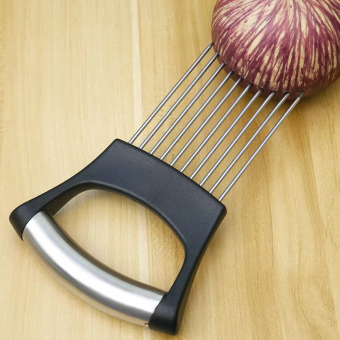 Slicing Tool for Onions, Durable Stainless Steel: black, silver onion, minimal kitchen tool style