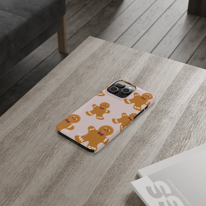 Slim Case for iPhone, Gingerbread Cookie Design: pale pink, brown gingerbread people, cute cartoon style