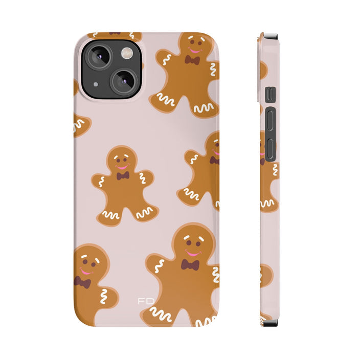 Slim Case for iPhone, Gingerbread Cookie Design: pale pink, brown gingerbread people, cute cartoon style