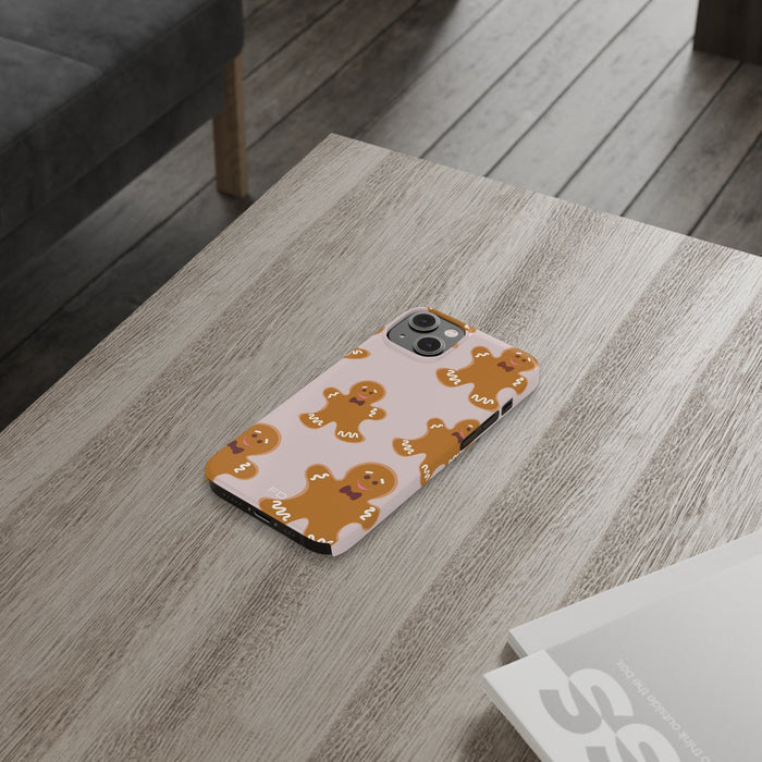 Slim Case for iPhone, Gingerbread Cookie Design: pale pink, brown gingerbread people, cute cartoon style