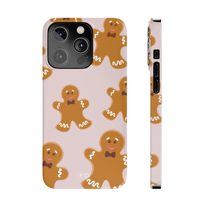 Slim Case for iPhone, Gingerbread Cookie Design: pale pink, brown gingerbread people, cute cartoon style