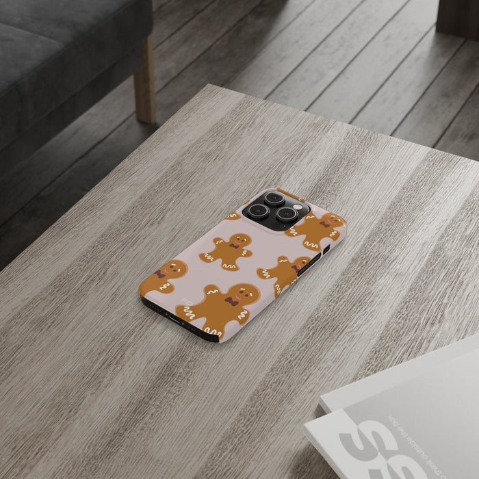 Slim Case for iPhone, Gingerbread Cookie Design: pale pink, brown gingerbread people, cute cartoon style