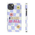 Slim Case for iPhone 14, 14 PRO and 14 PRO MAX with a Joyful Expression and Uplifting Message: lavender, white smiley faces a