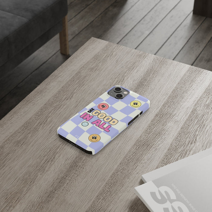 Slim Case for iPhone 14, 14 PRO and 14 PRO MAX with a Joyful Expression and Uplifting Message: lavender, white smiley faces a