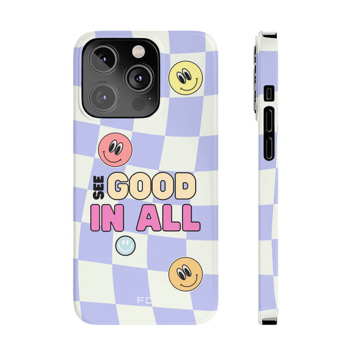 Slim Case for iPhone 14, 14 PRO and 14 PRO MAX with a Joyful Expression and Uplifting Message: lavender, white smiley faces a