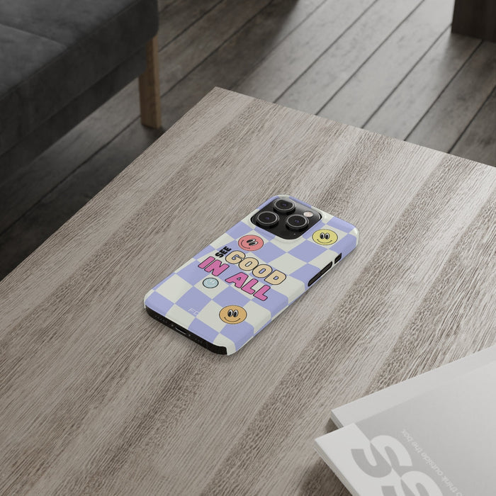 Slim Case for iPhone 14, 14 PRO and 14 PRO MAX with a Joyful Expression and Uplifting Message: lavender, white smiley faces a