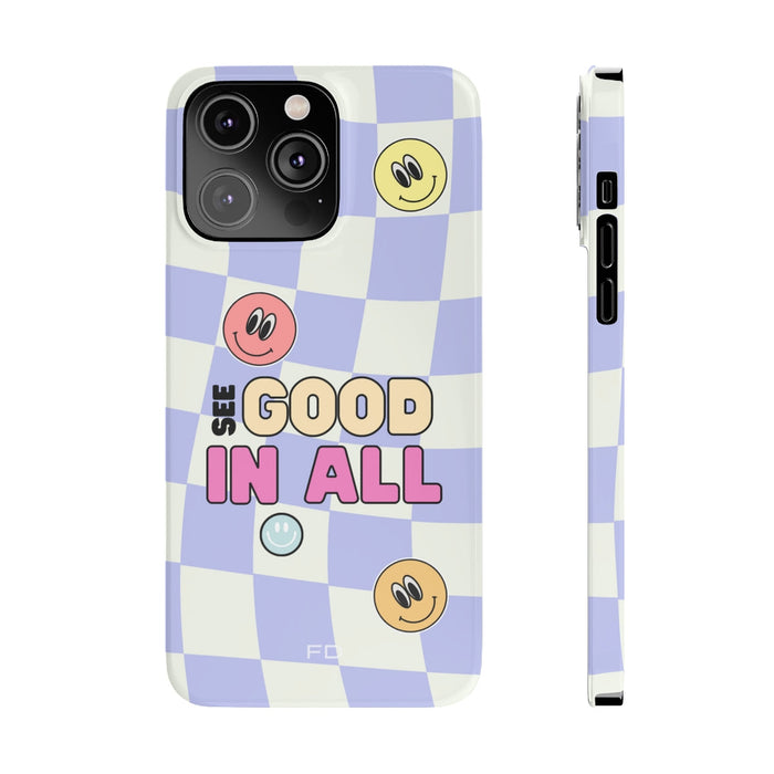 Slim Case for iPhone 14, 14 PRO and 14 PRO MAX with a Joyful Expression and Uplifting Message: lavender, white smiley faces a